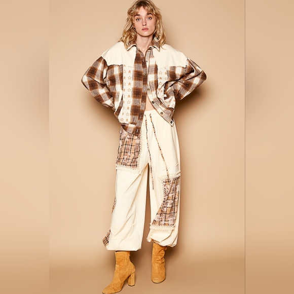 POL Shacket Star Plaid Bohemian Patchwork Exposed Raw Fray Seam Oversized Jacket - Picture 4 of 12